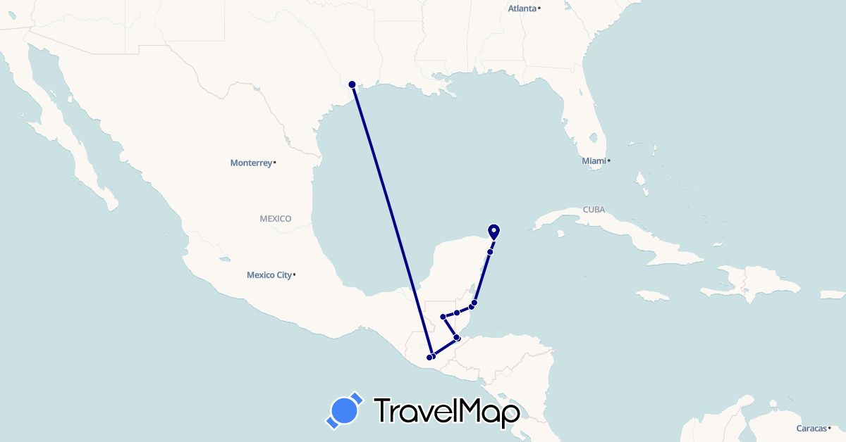 TravelMap itinerary: driving in Belize, Guatemala, Mexico, United States (North America)